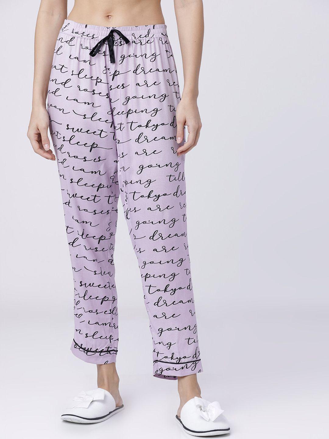 tokyo talkies women violet & black typography printed lounge pants