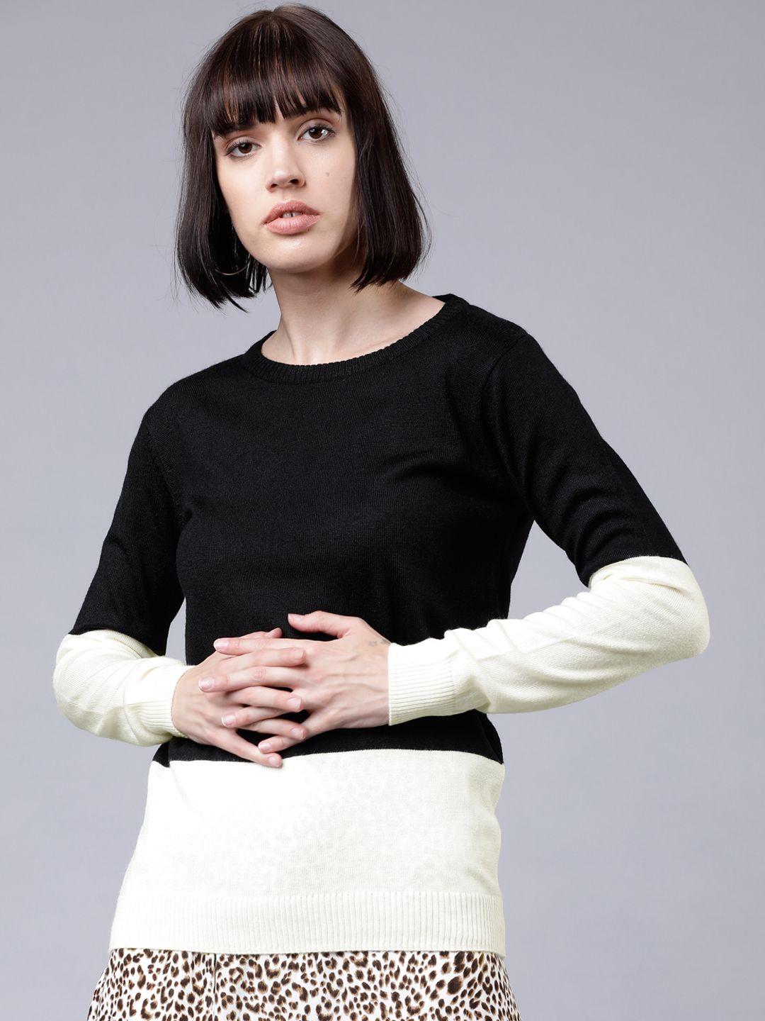 tokyo talkies women white & black colourblocked sweater