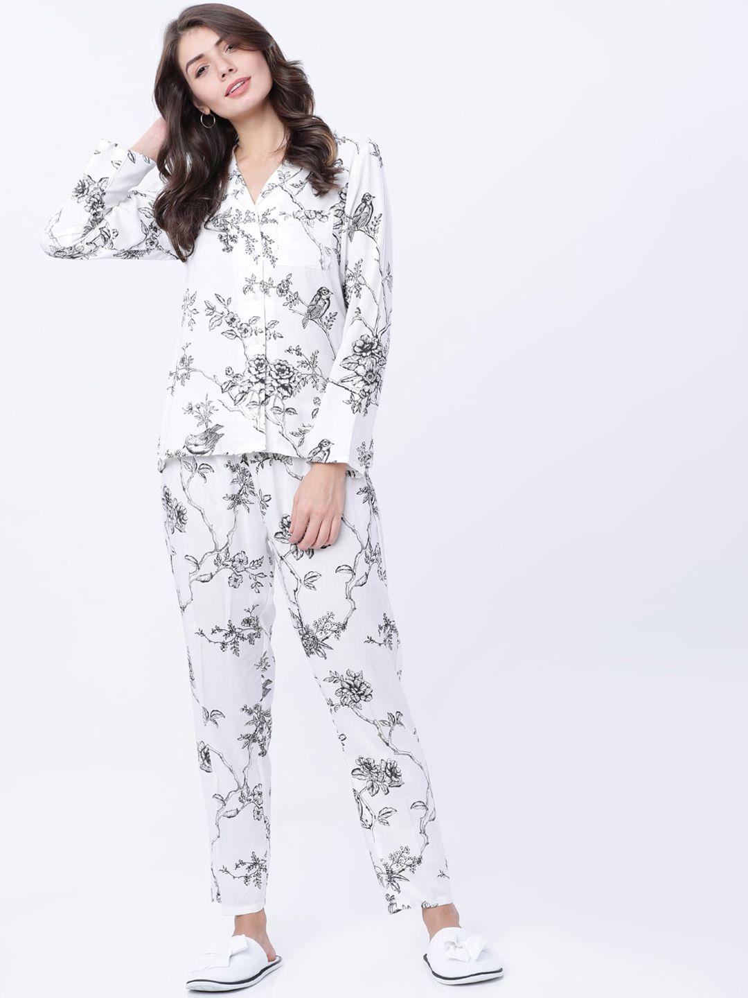 tokyo talkies women white & black printed night suit