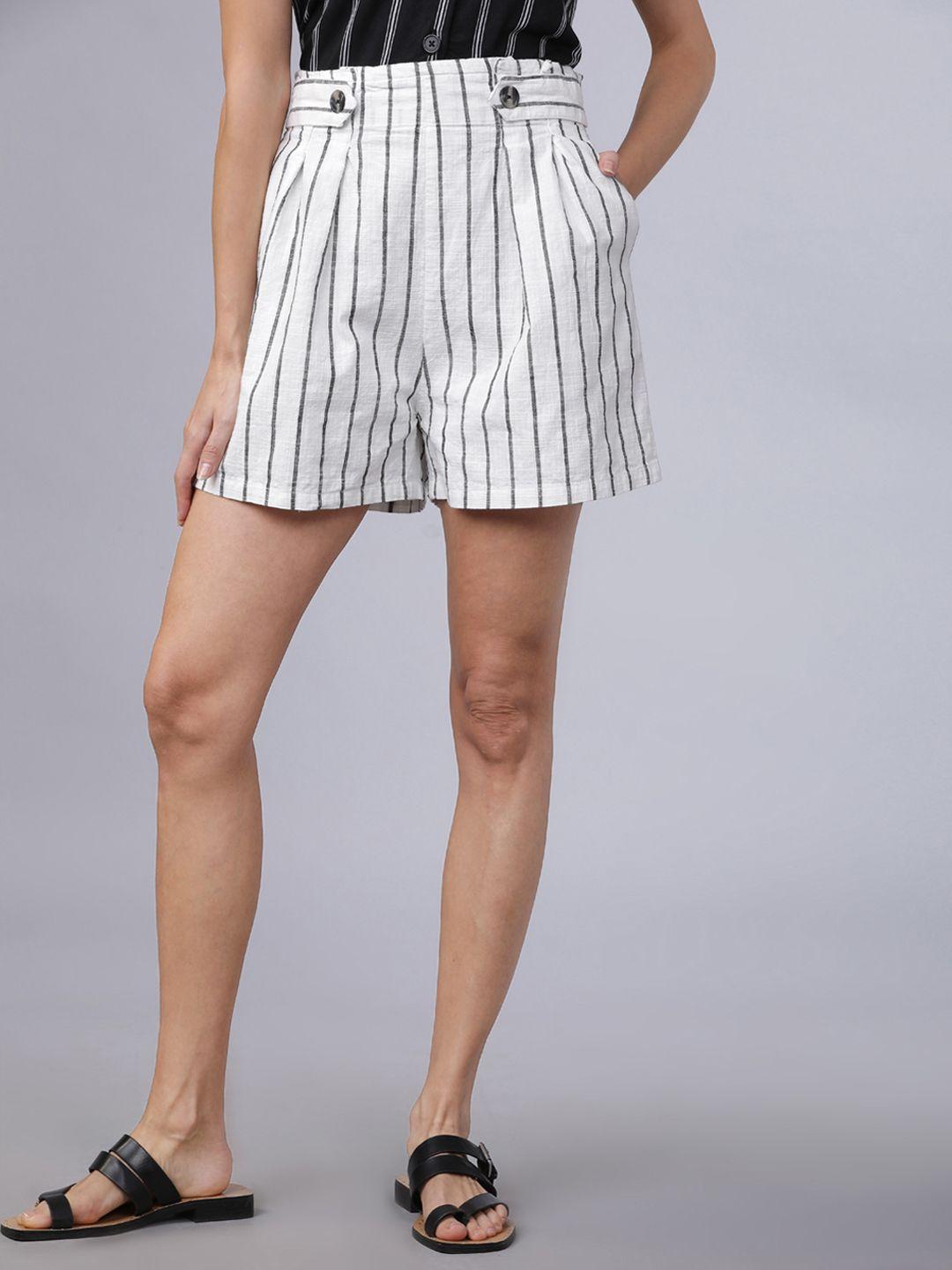 tokyo talkies women white & black striped regular fit shorts