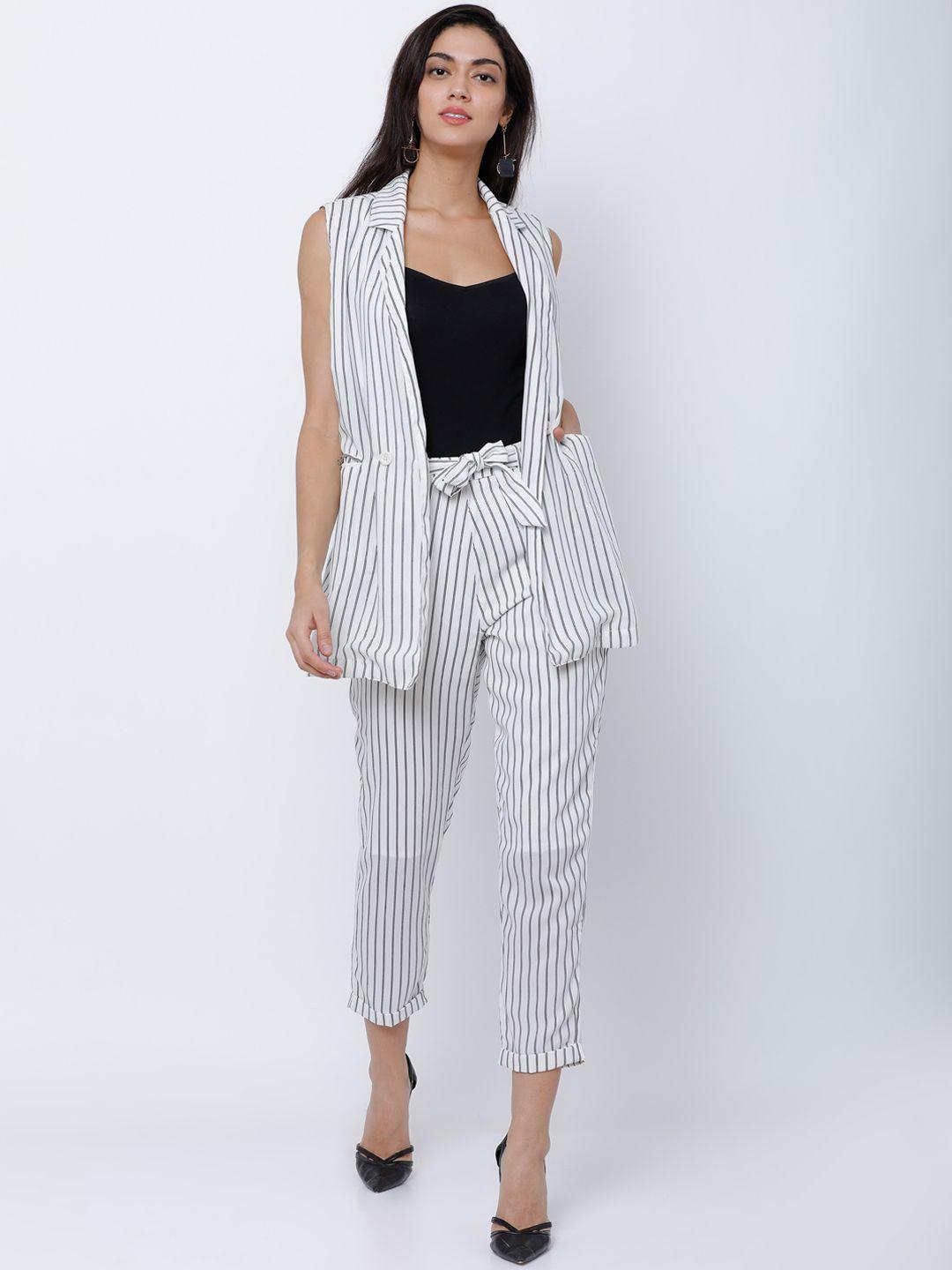 tokyo talkies women white & black striped waistcoat with trousers