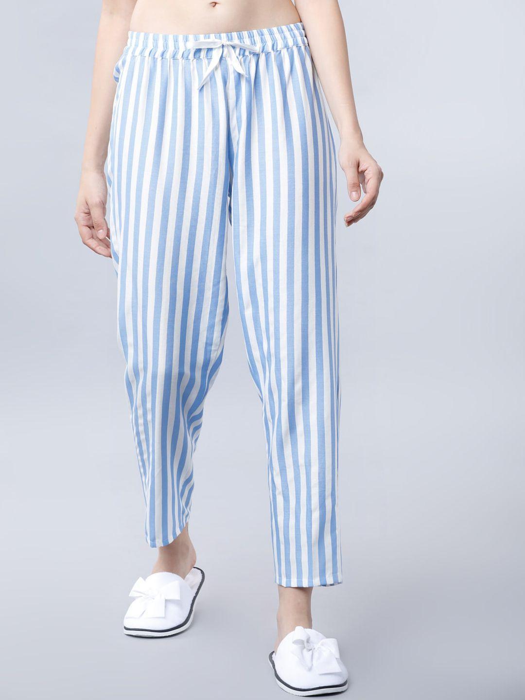 tokyo talkies women white & blue striped lounge pants