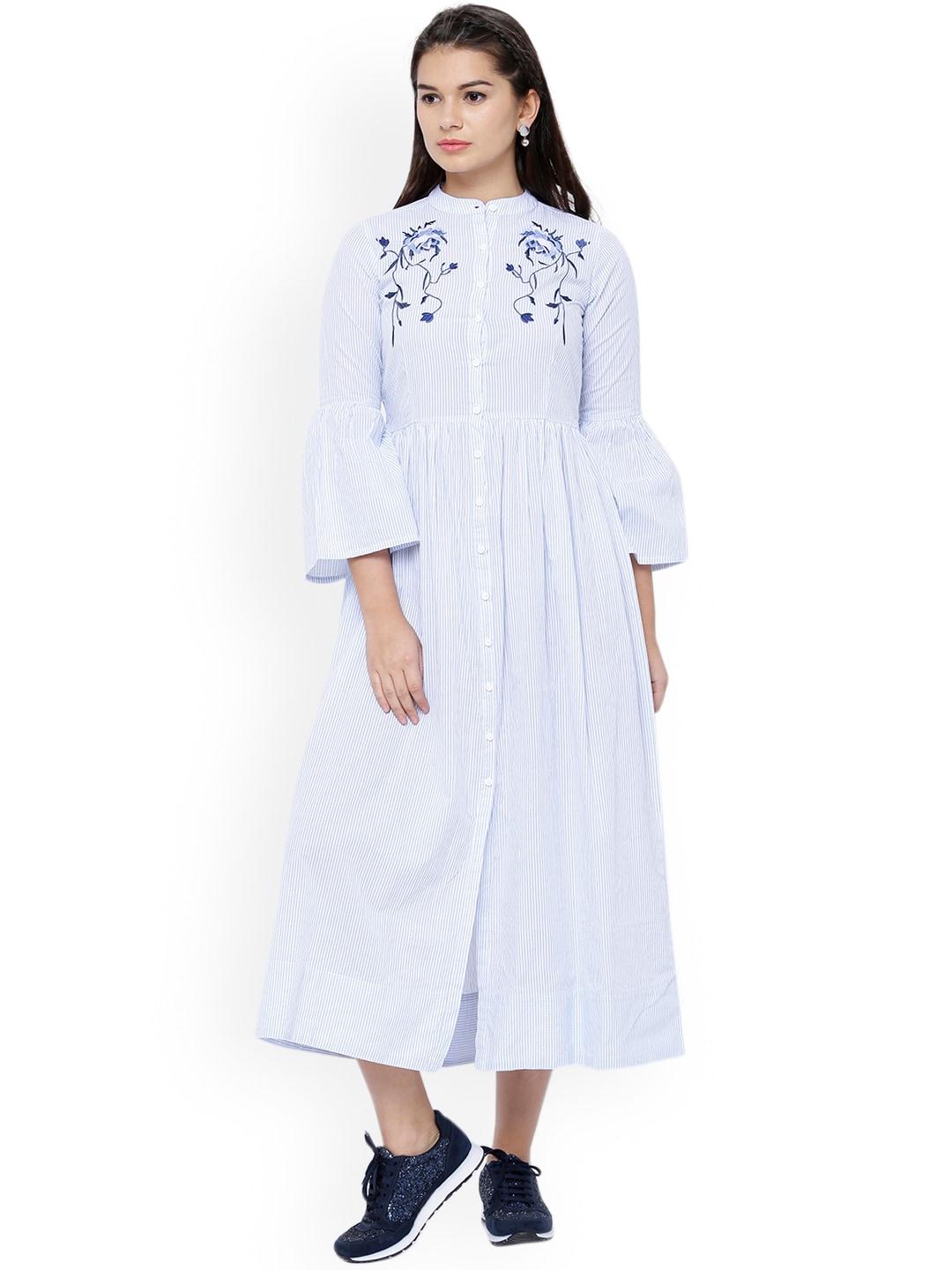 tokyo talkies women white & blue striped shirt dress