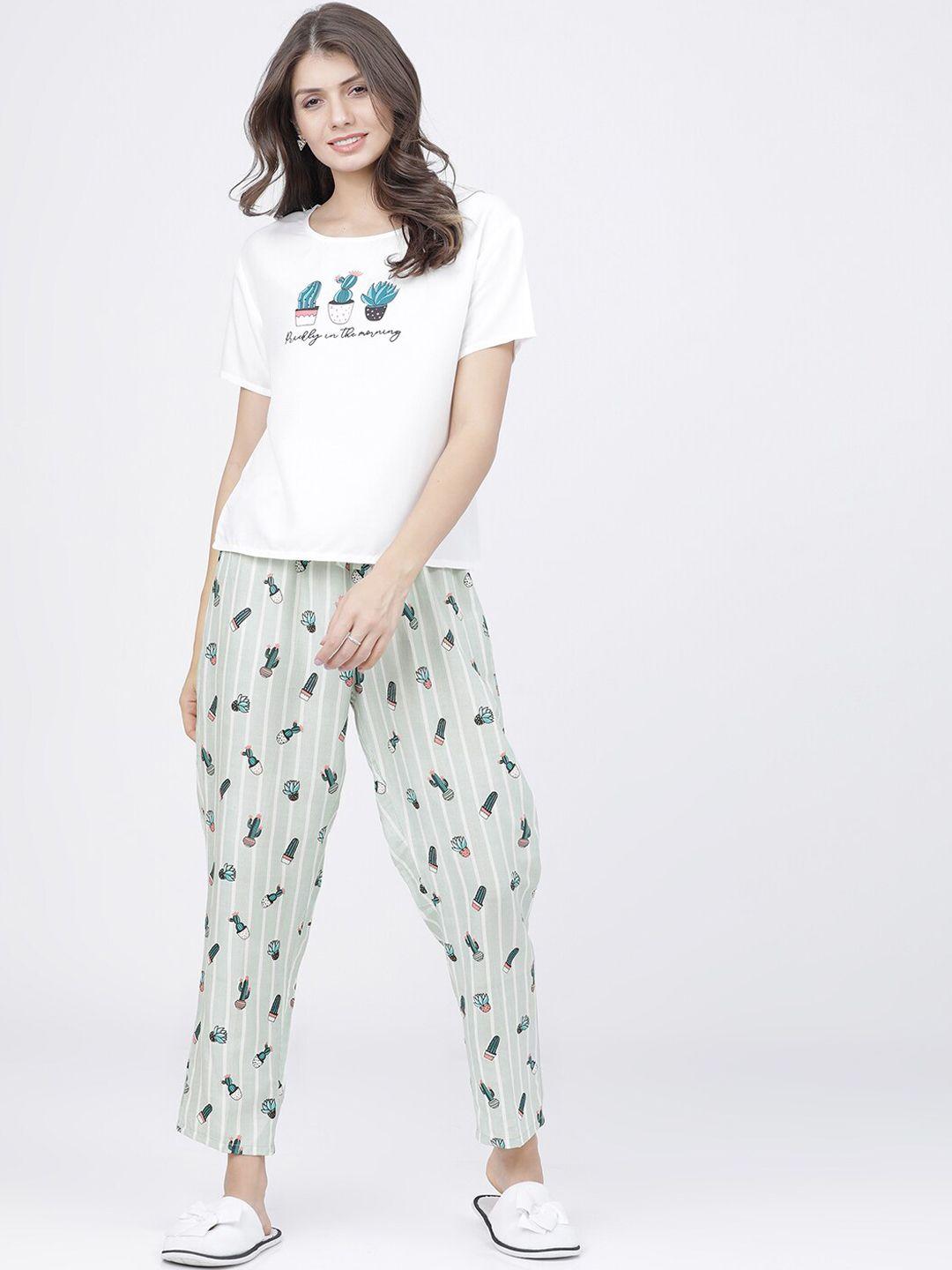 tokyo talkies women white & green printed night suit