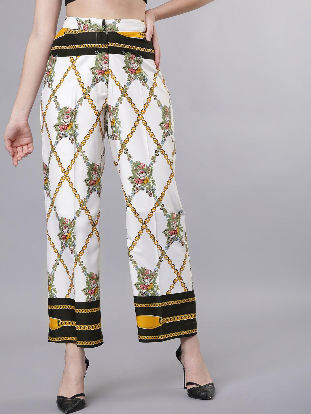 tokyo talkies women white & mustard yellow regular fit printed regular trousers