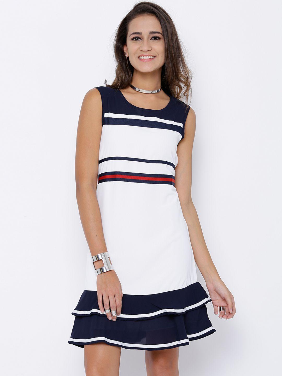 tokyo talkies women white & navy colourblocked fit & flare dress