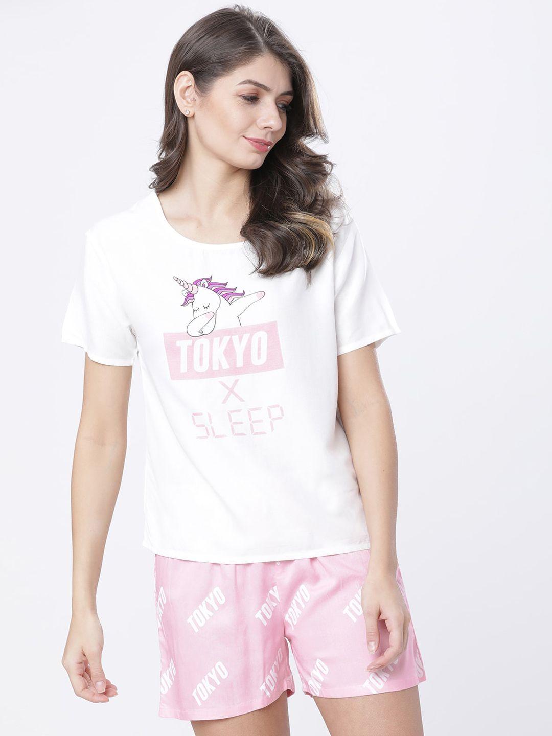 tokyo talkies women white & pink printed night suit