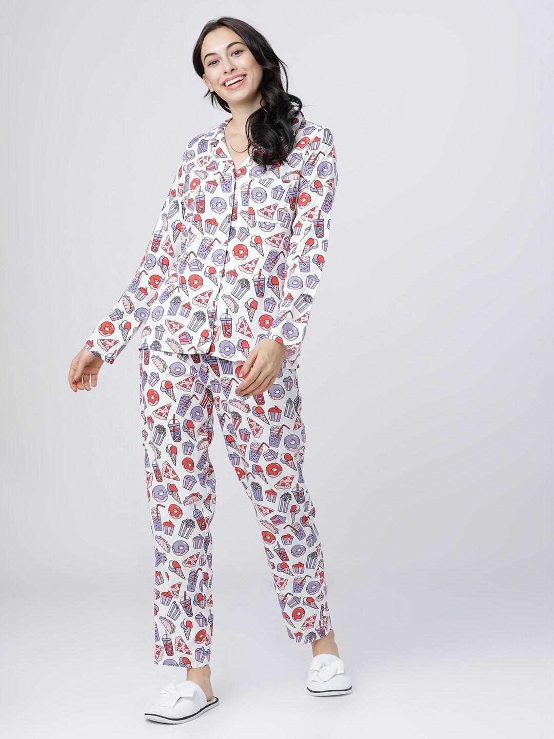 tokyo talkies women white & purple printed night suit