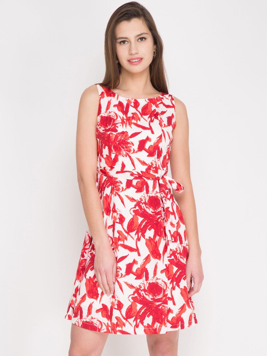 tokyo talkies women white & red floral print a-line dress