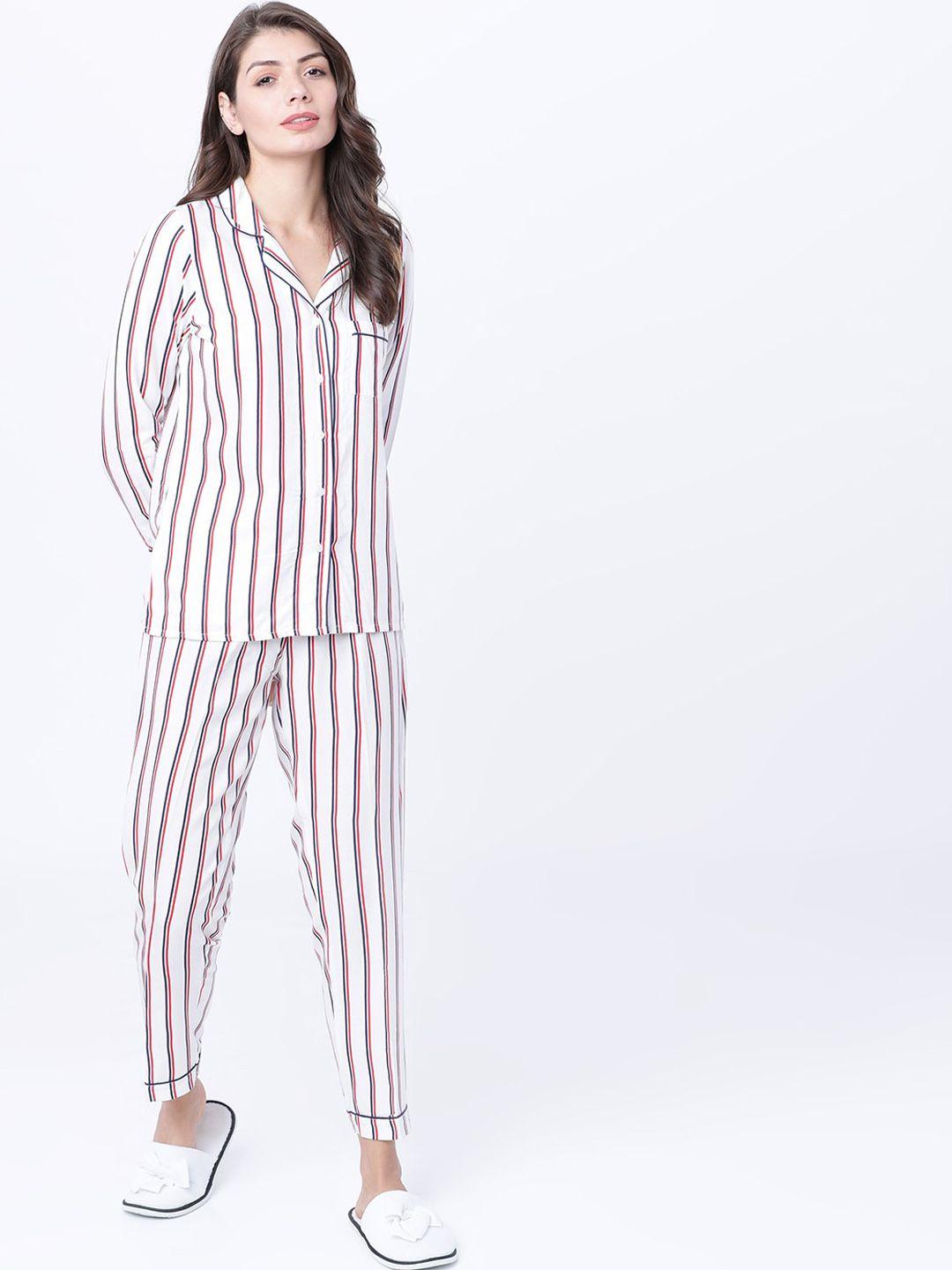 tokyo talkies women white & red striped night suit