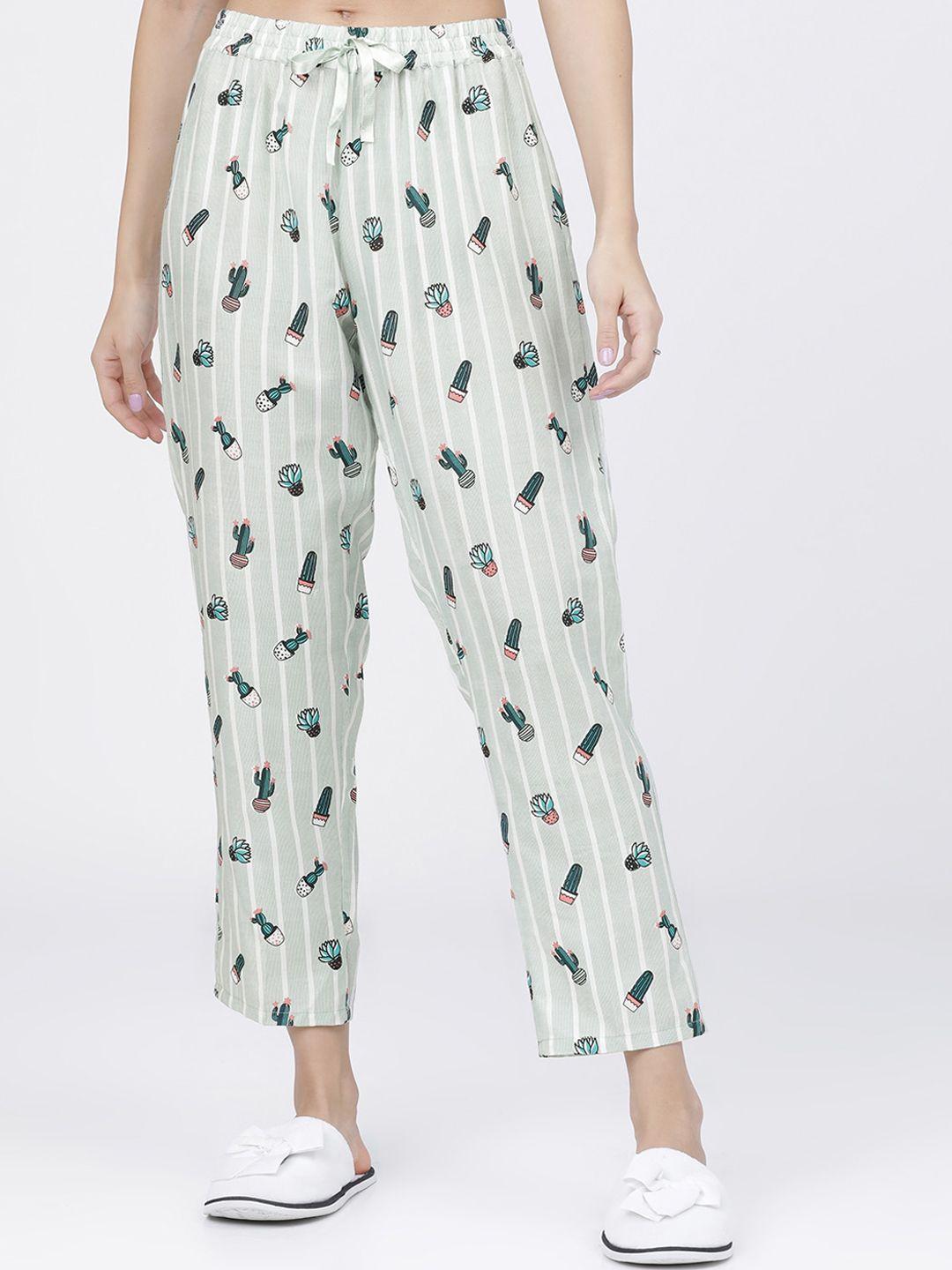 tokyo talkies women white & sea green printed lounge pants