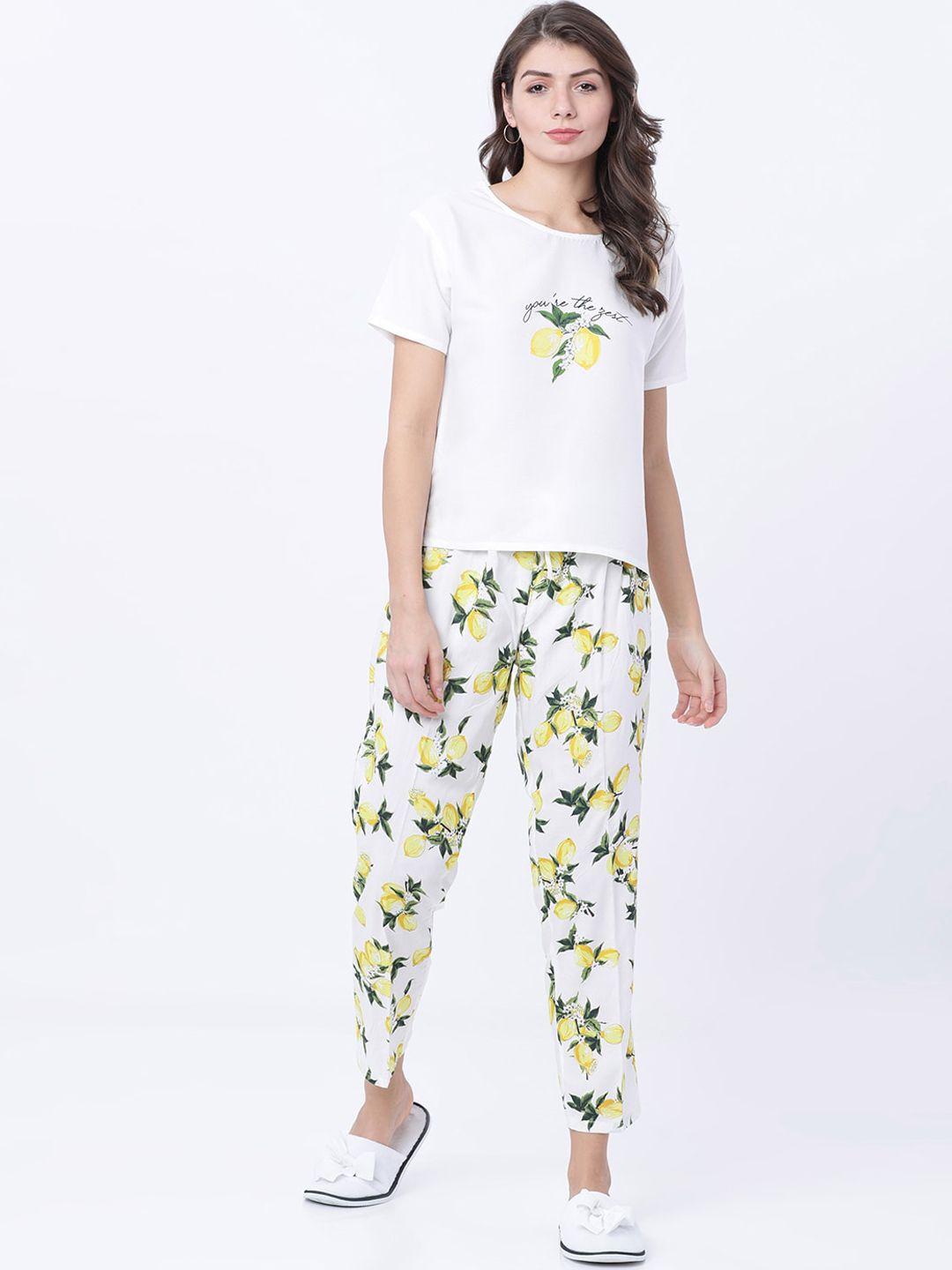 tokyo talkies women white & yellow printed night suit