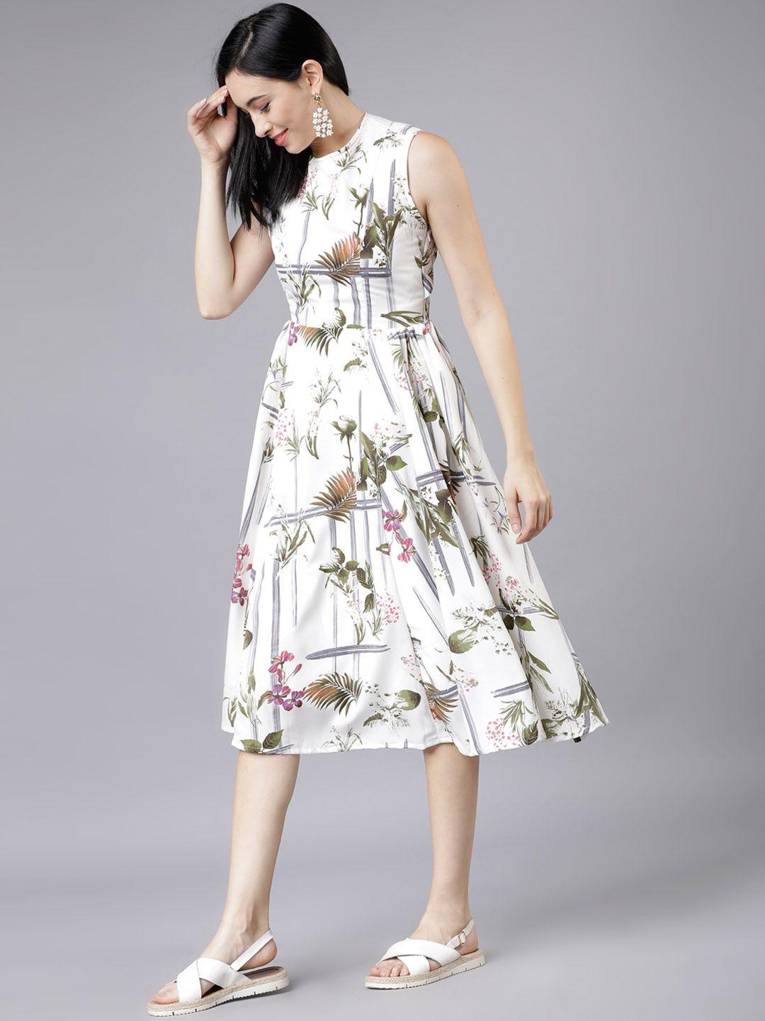 tokyo talkies women white floral printed fit and flare dress