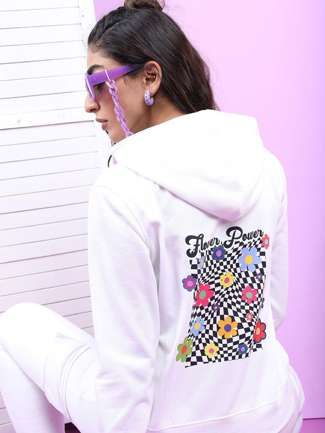 tokyo talkies women white printed hooded sweatshirt