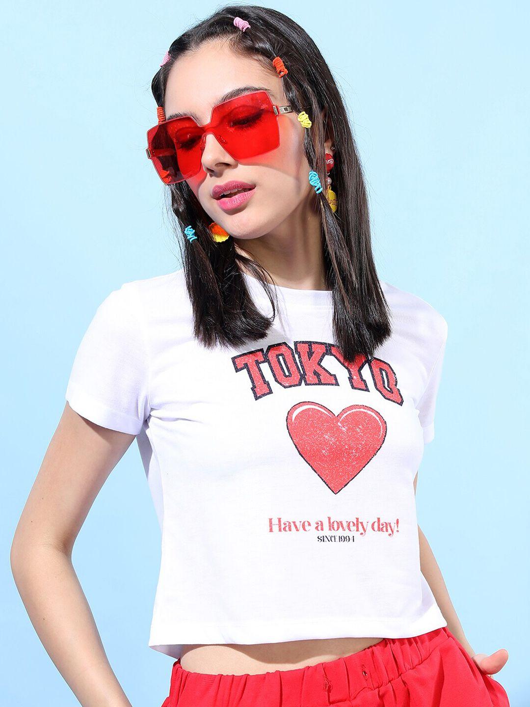 tokyo talkies women white printed slim fit t-shirt