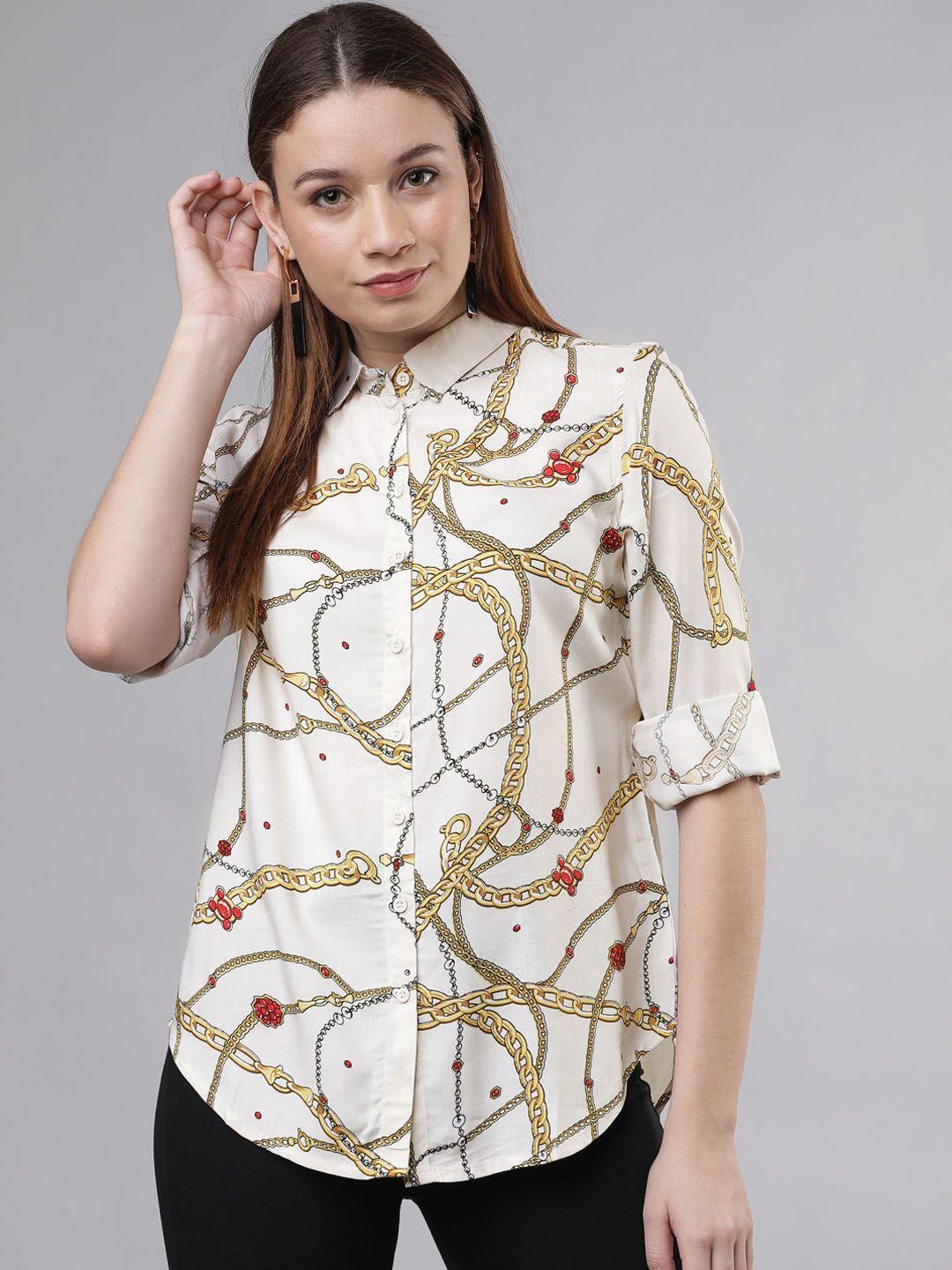 tokyo talkies women white regular fit printed casual shirt