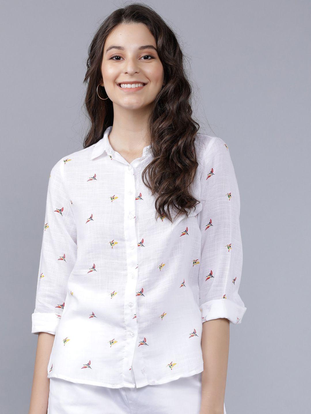 tokyo talkies women white regular fit printed casual shirt