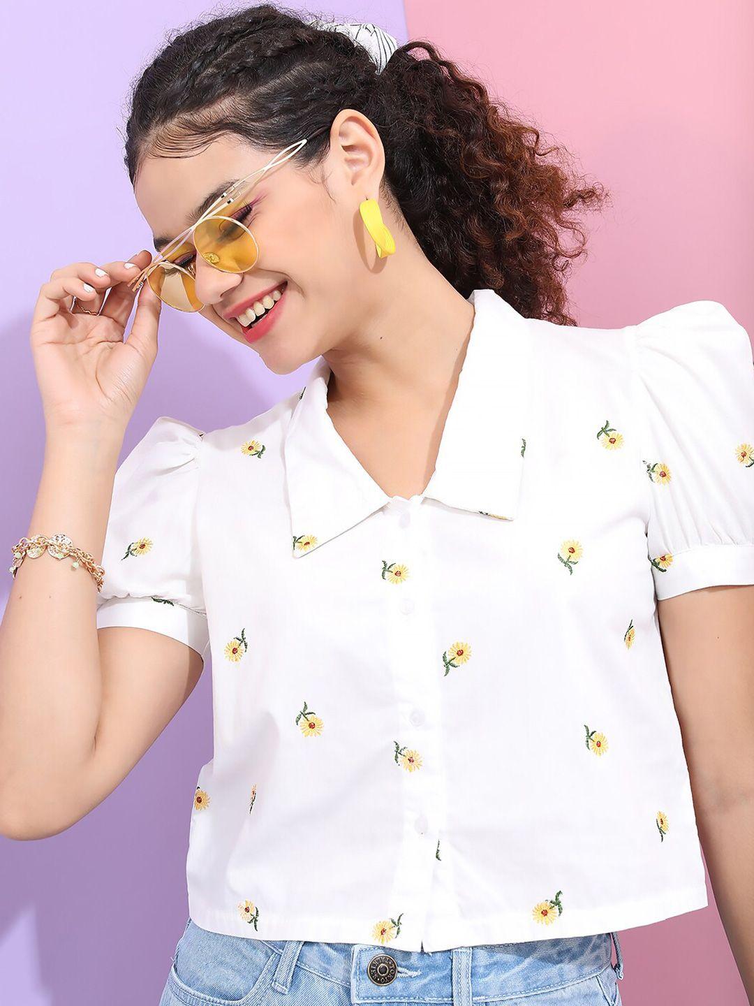 tokyo talkies women white slim fit floral printed cotton casual shirt