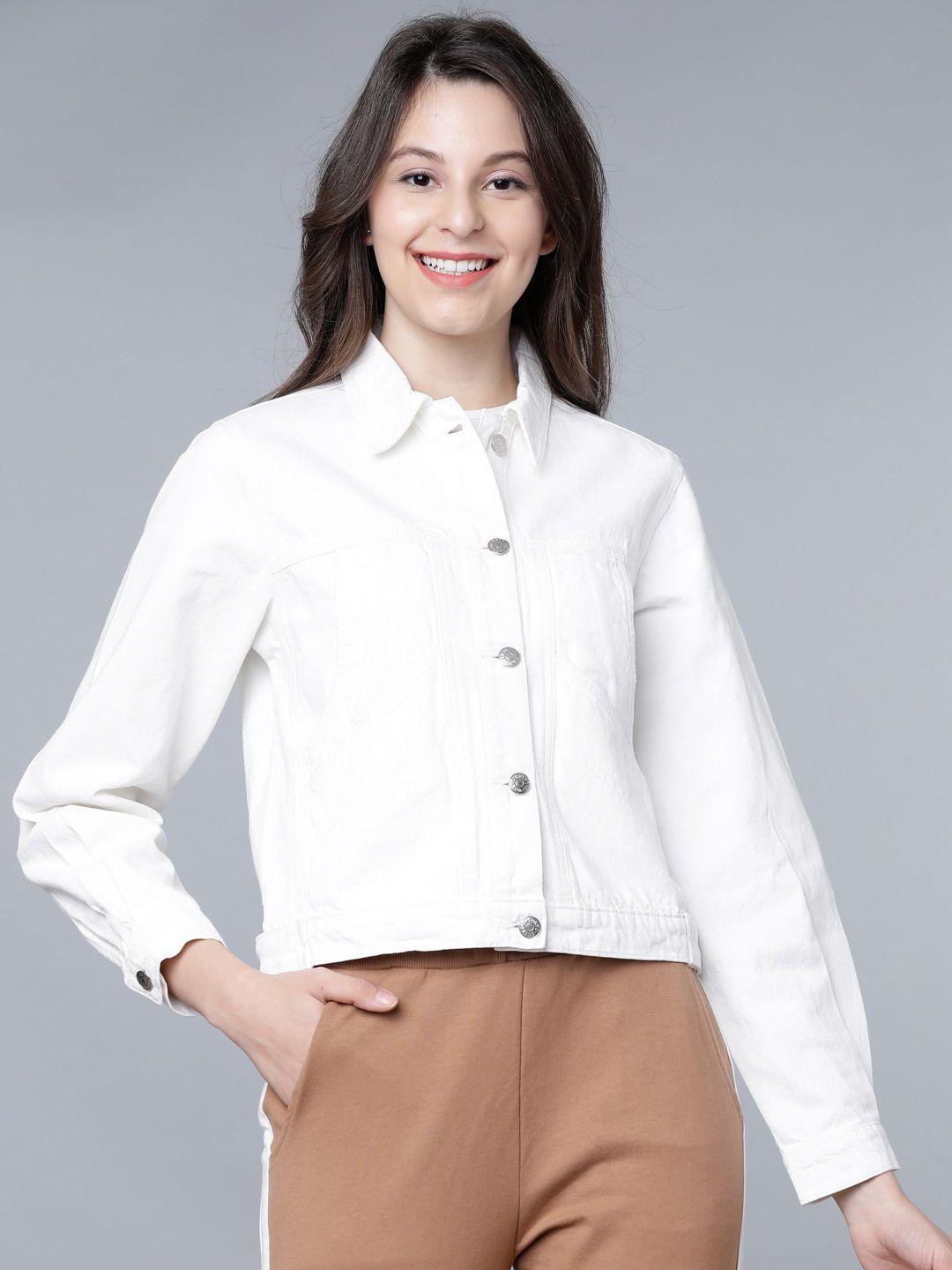 tokyo talkies women white solid crop denim jacket