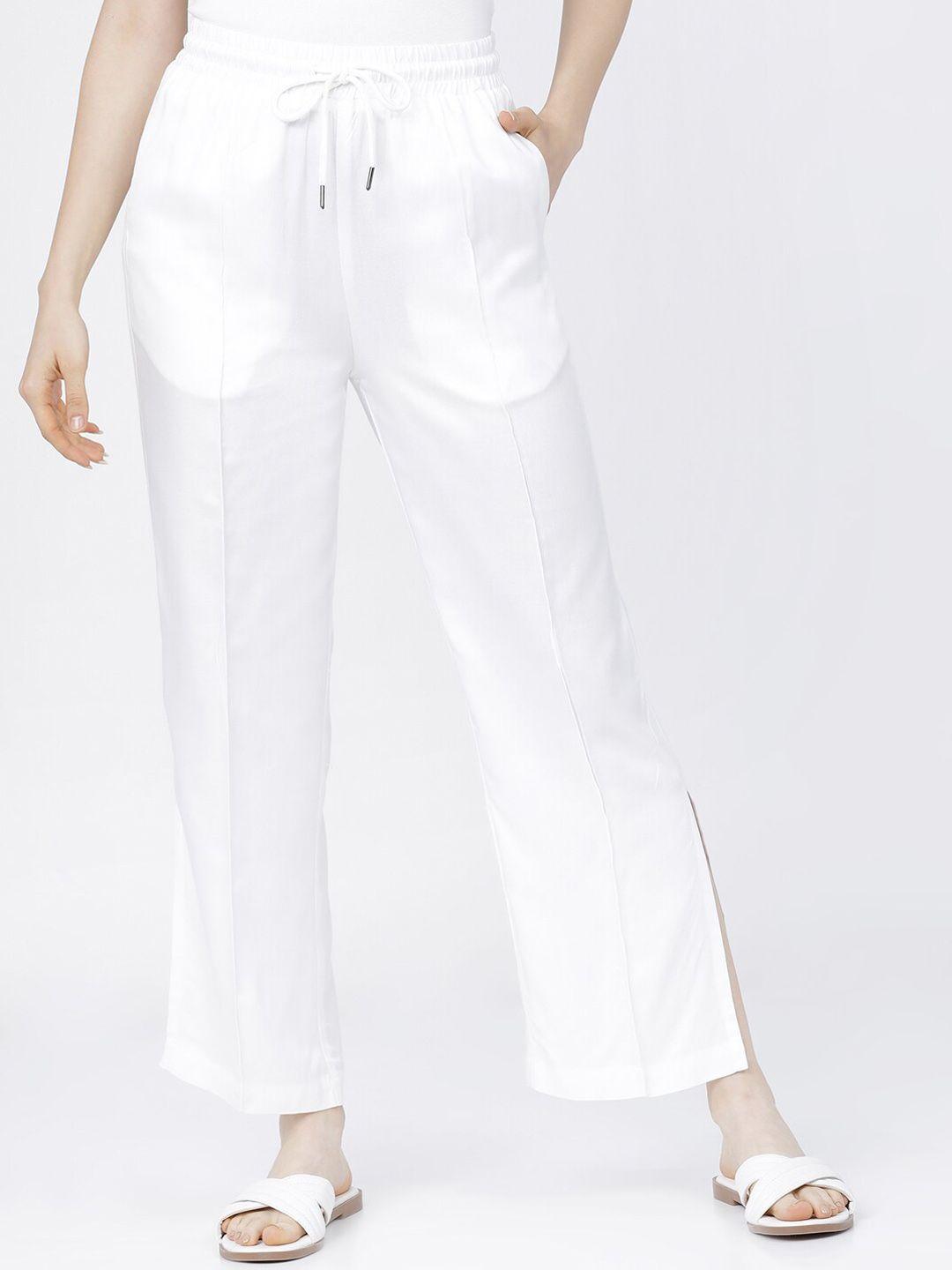 tokyo talkies women white straight fit trousers