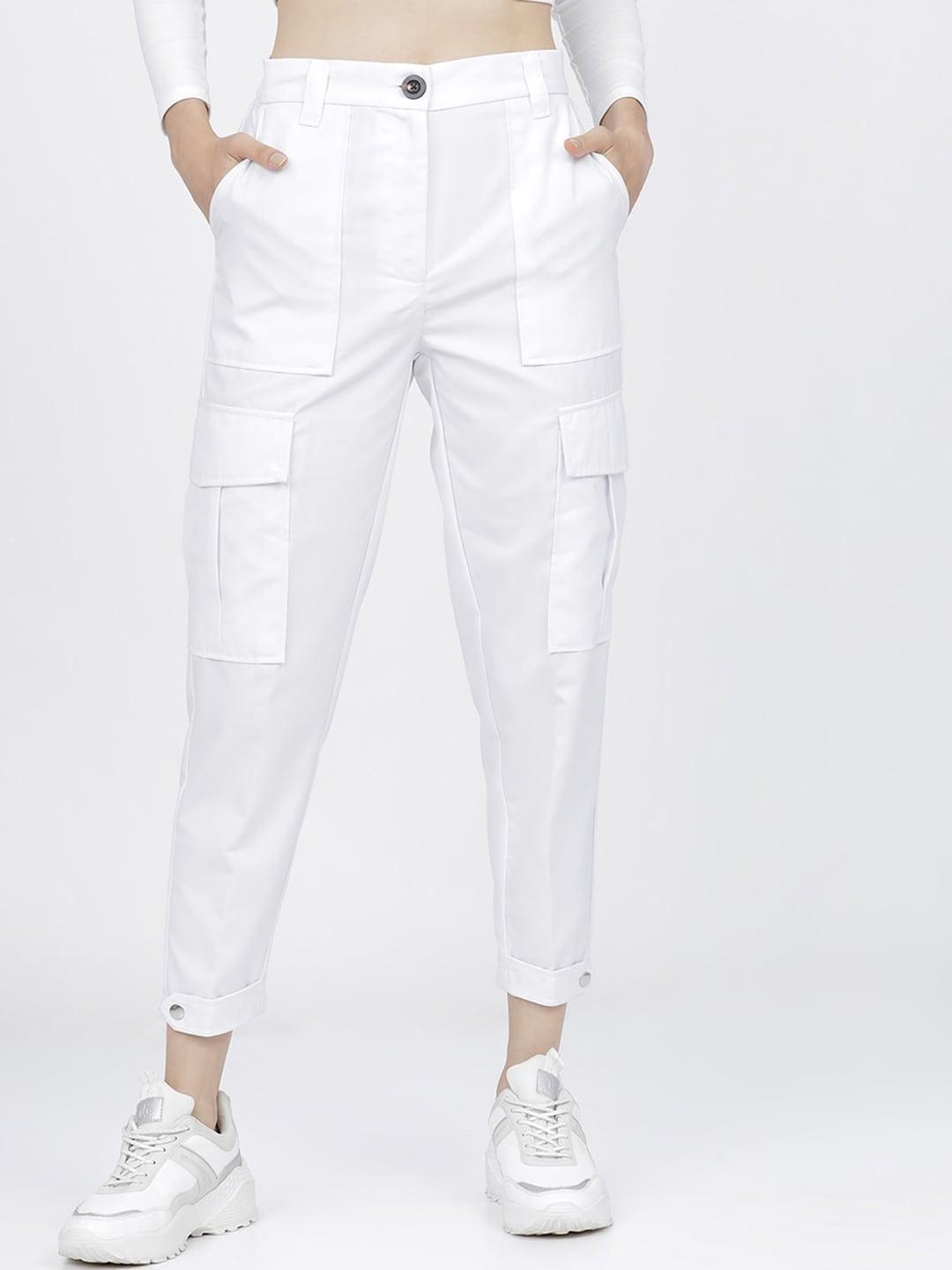 tokyo talkies women white tapered fit high-rise cargos trousers