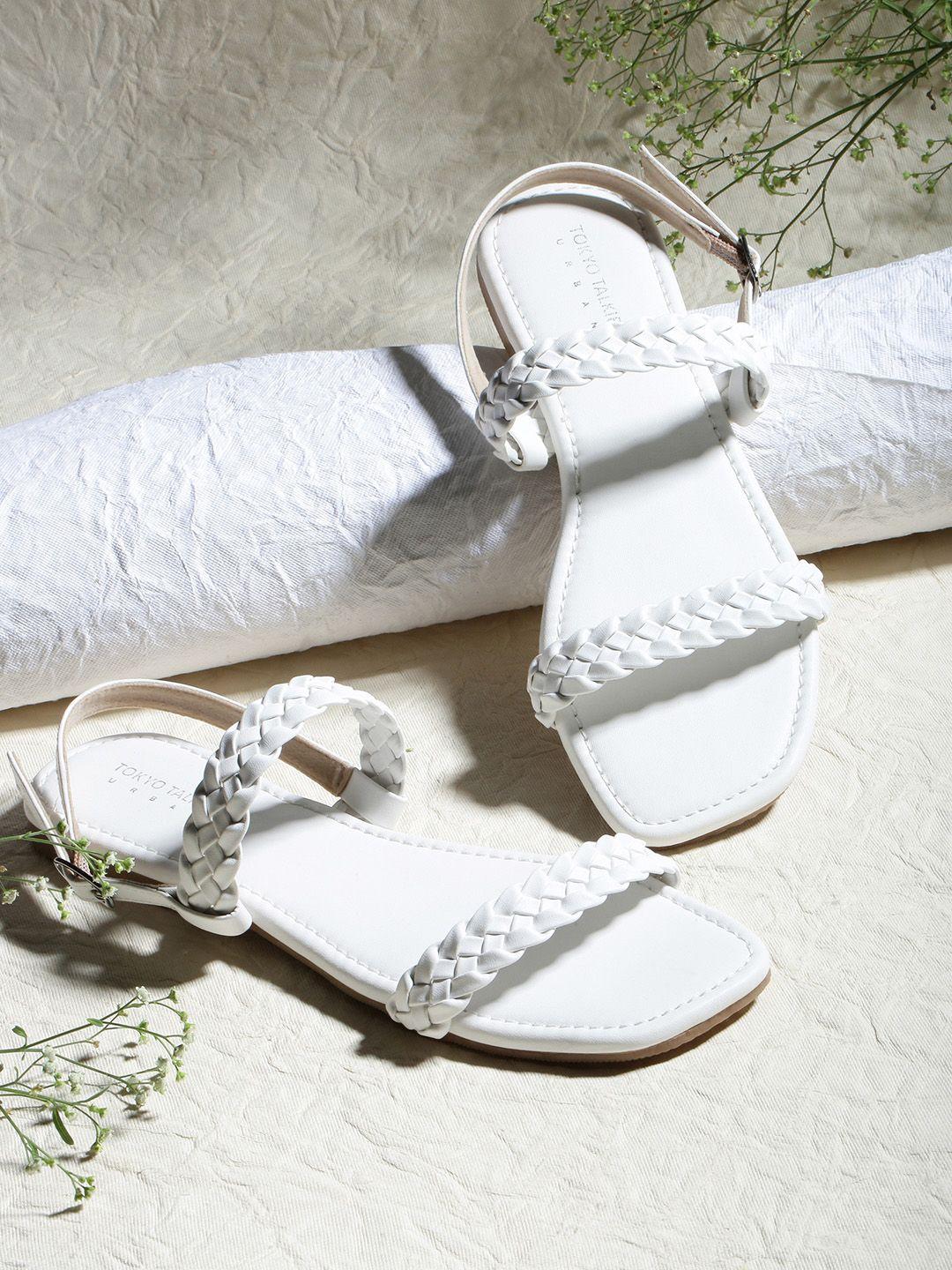 tokyo talkies women white textured open toe flats