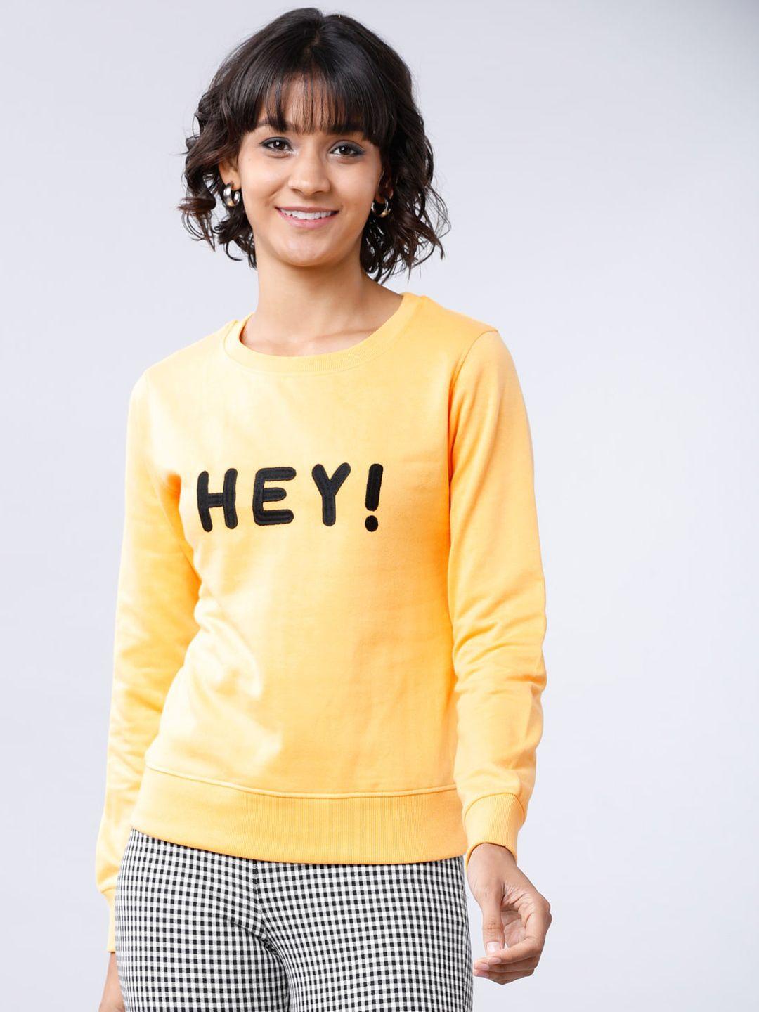 tokyo talkies women yellow & black printed sweatshirt