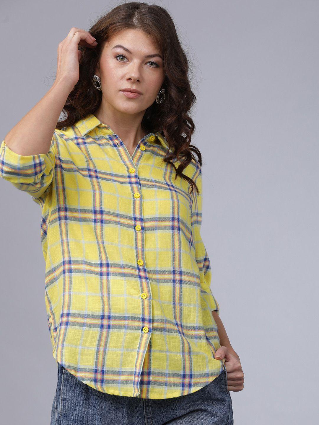 tokyo talkies women yellow & blue regular fit checked casual shirt