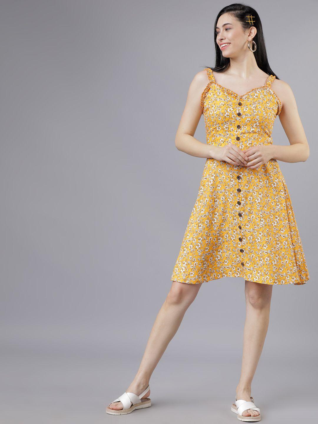 tokyo talkies women yellow & white fit and flare floral printed dress