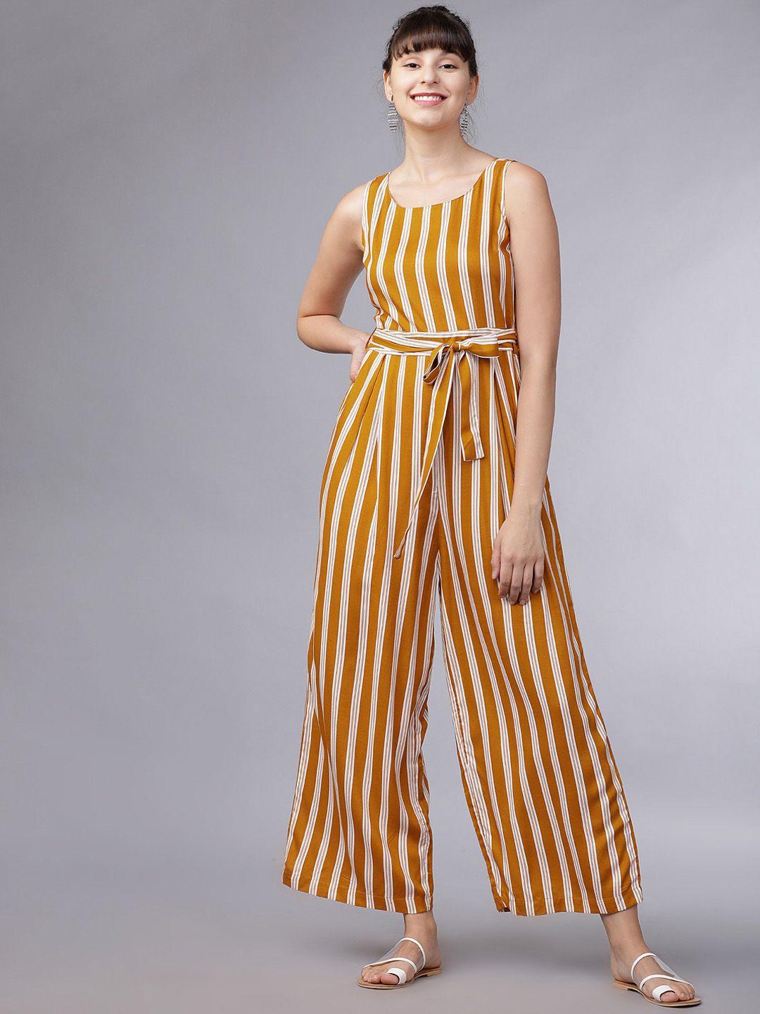 tokyo talkies women yellow & white striped basic jumpsuit