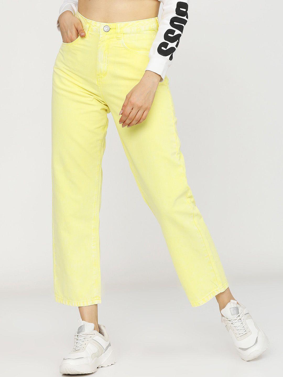 tokyo talkies women yellow cotton wide leg stretchable jeans
