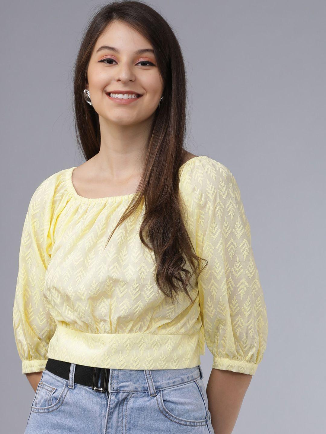 tokyo talkies women yellow embroidered crop top