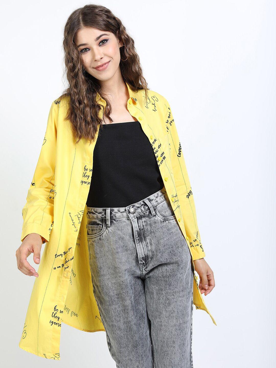 tokyo talkies women yellow printed longline cotton casual shirt