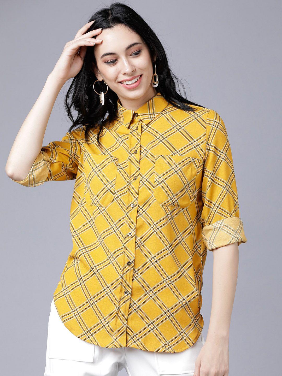 tokyo talkies women yellow regular fit checked casual shirt