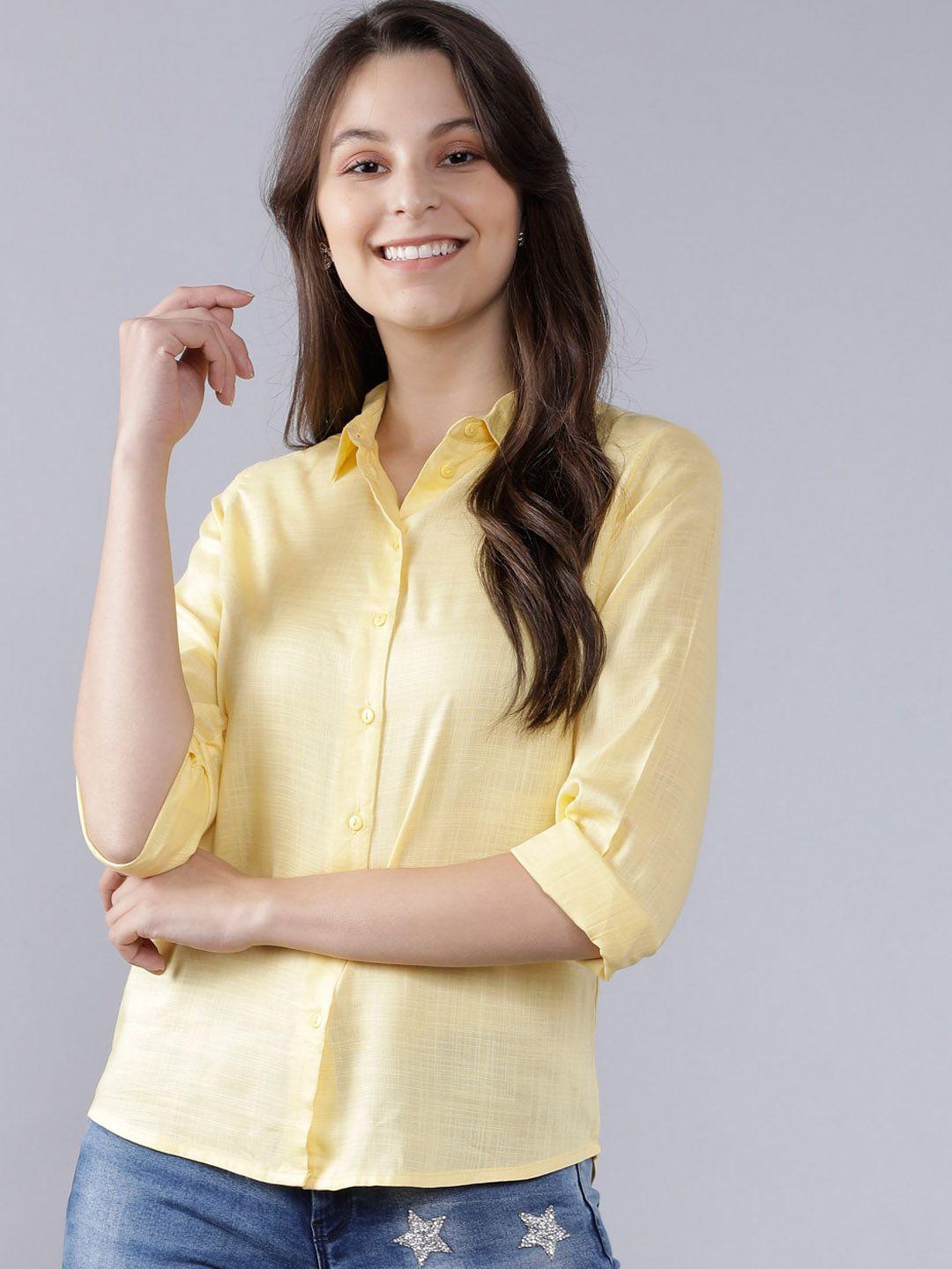 tokyo talkies women yellow regular fit solid casual shirt