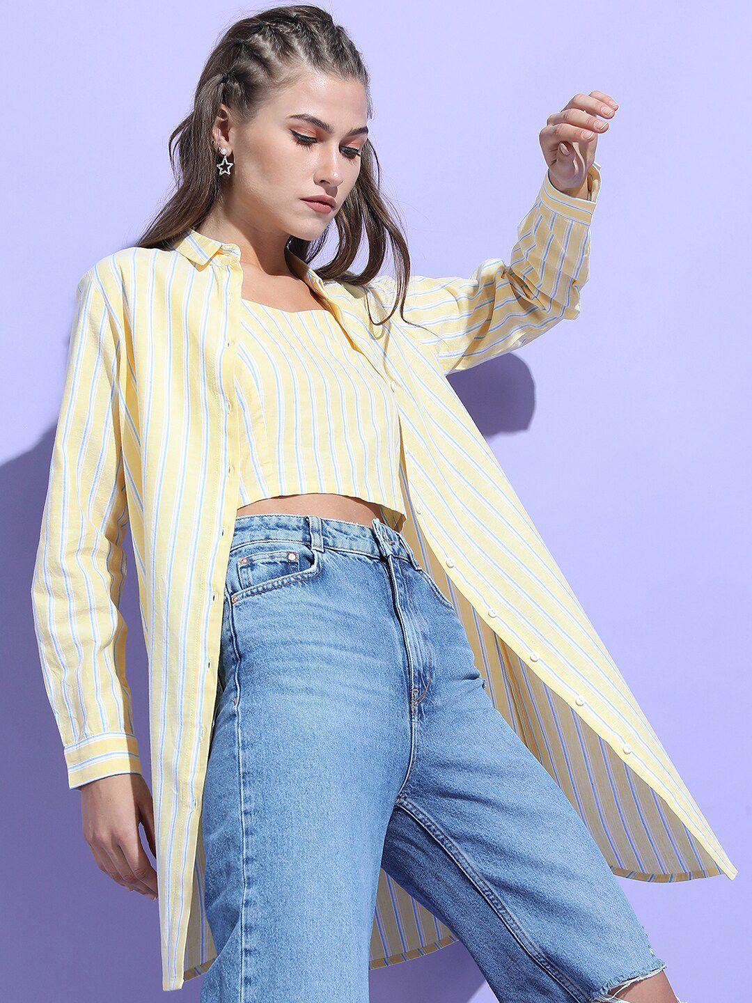 tokyo talkies women yellow striped cotton casual shirt with crop top