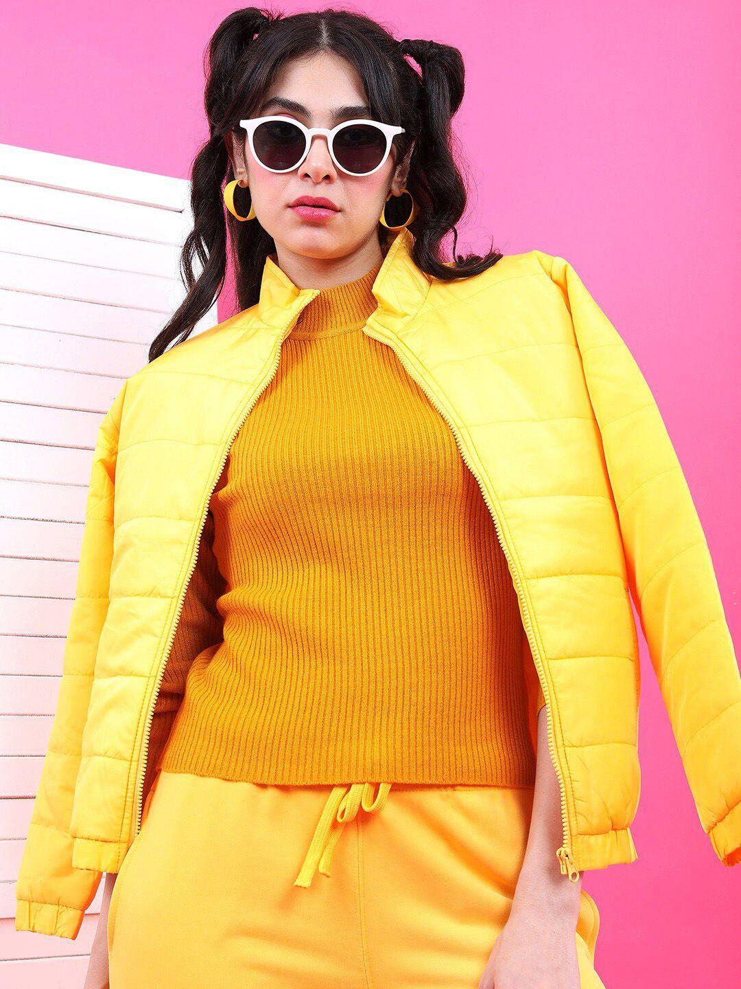 tokyo talkies women yellow striped longline puffer jacket