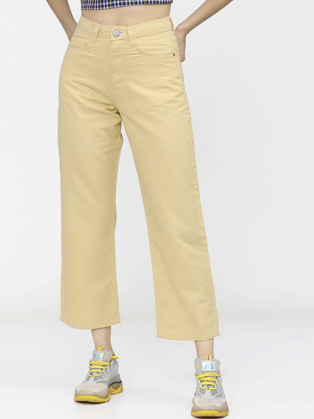 tokyo talkies women yellow wide leg stretchable jeans