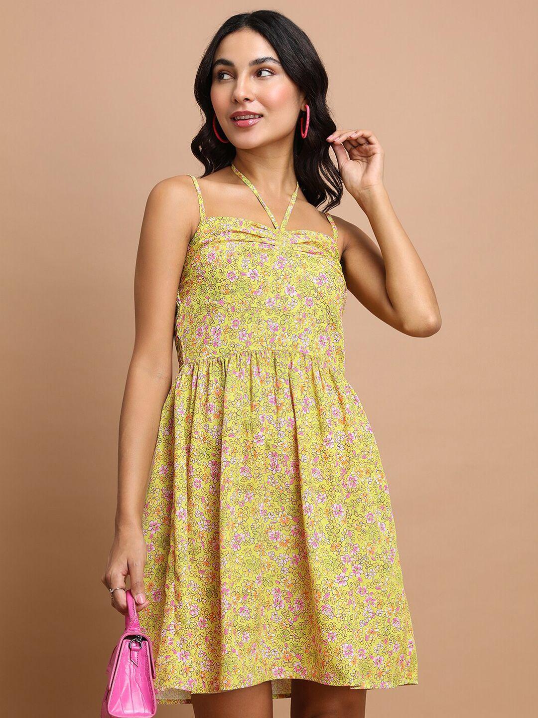 tokyo talkies yellow floral printed shoulder strap fit & flare dress