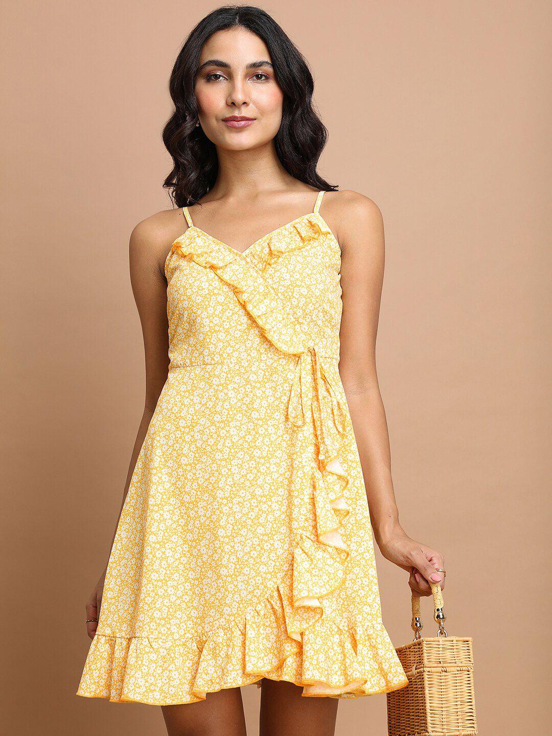 tokyo talkies yellow floral printed shoulder straps ruffles detail a-line dress