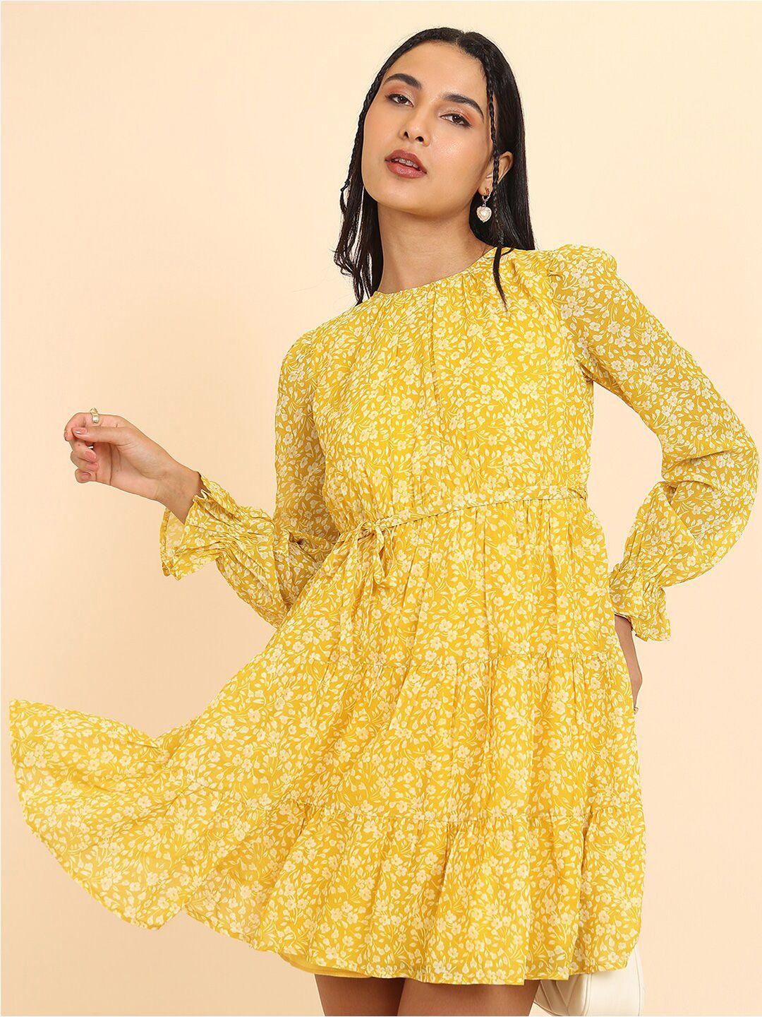 tokyo talkies yellow floral printed tie-ups  fit & flare mini dress