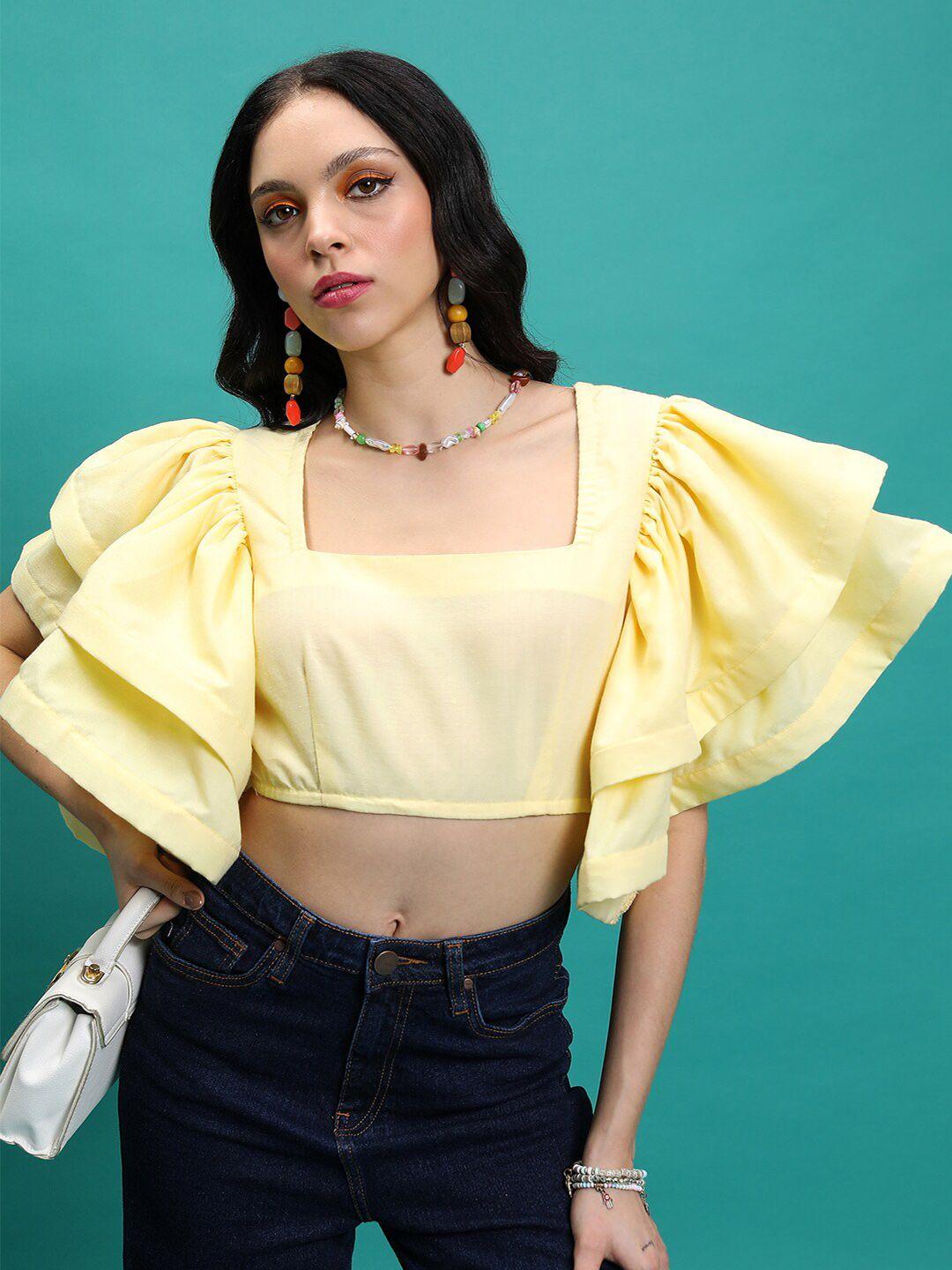 tokyo talkies yellow flutter sleeves crop top