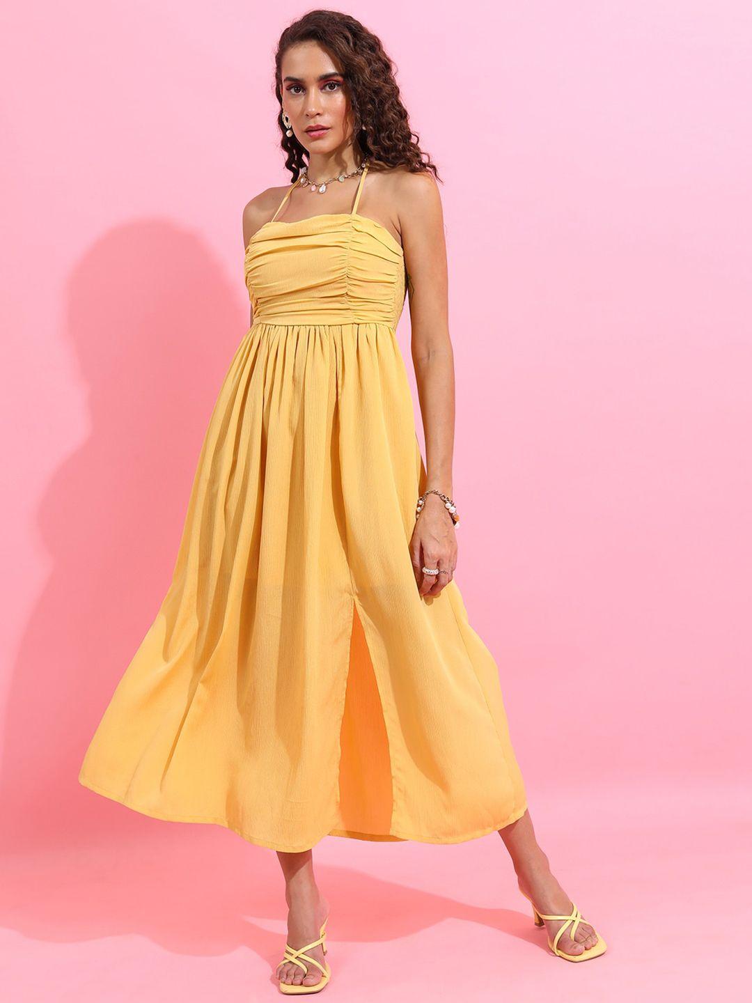 tokyo talkies yellow halter neck gathered fit & flare midi dress