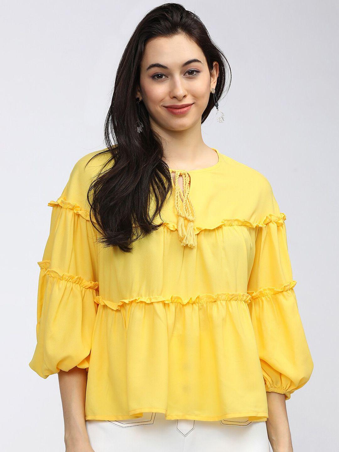 tokyo talkies yellow tie-up neck ruffles crepe tiered top