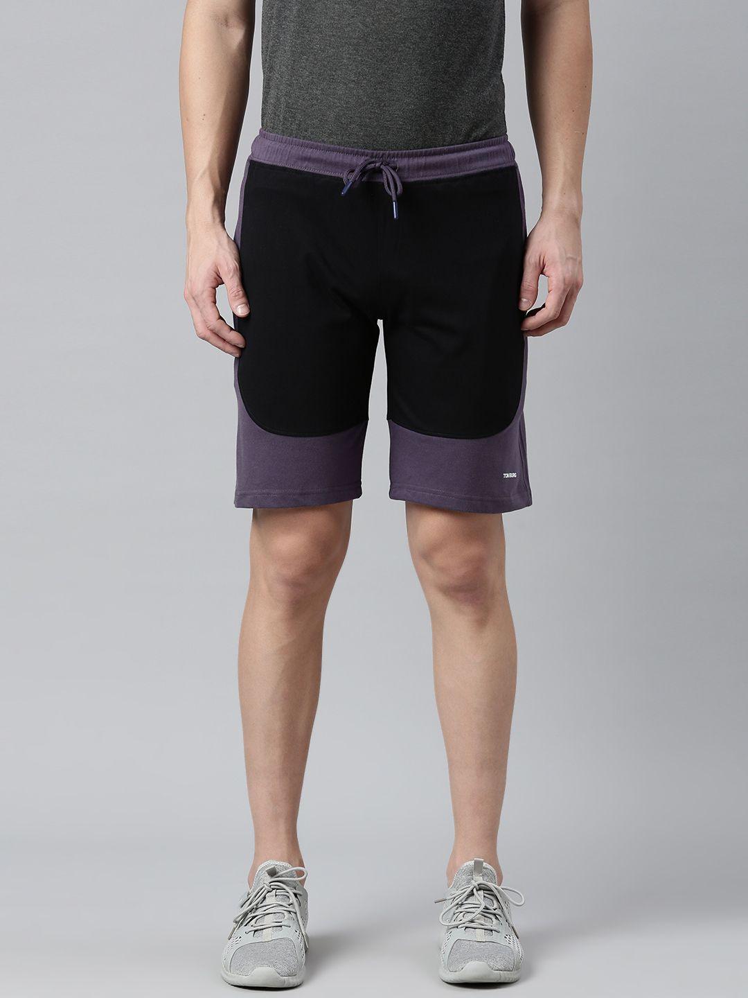 tom burg men black & charcoal grey colourblocked premium cotton slim fit sports shorts