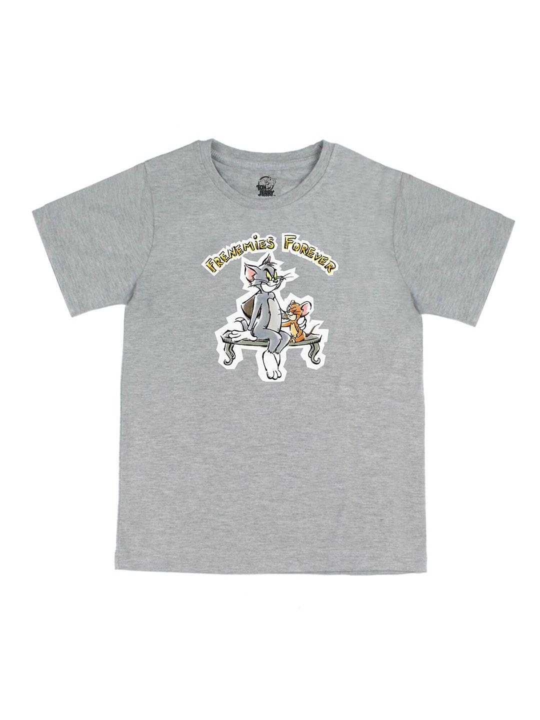 tom & jerry by wear your mind boys grey & pearl blue printed v-neck applique t-shirt