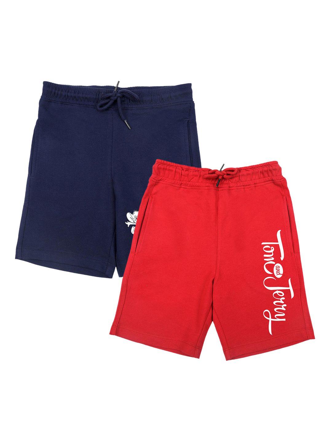 tom & jerry by wear your mind boys navy blue & red typography printed cotton shorts