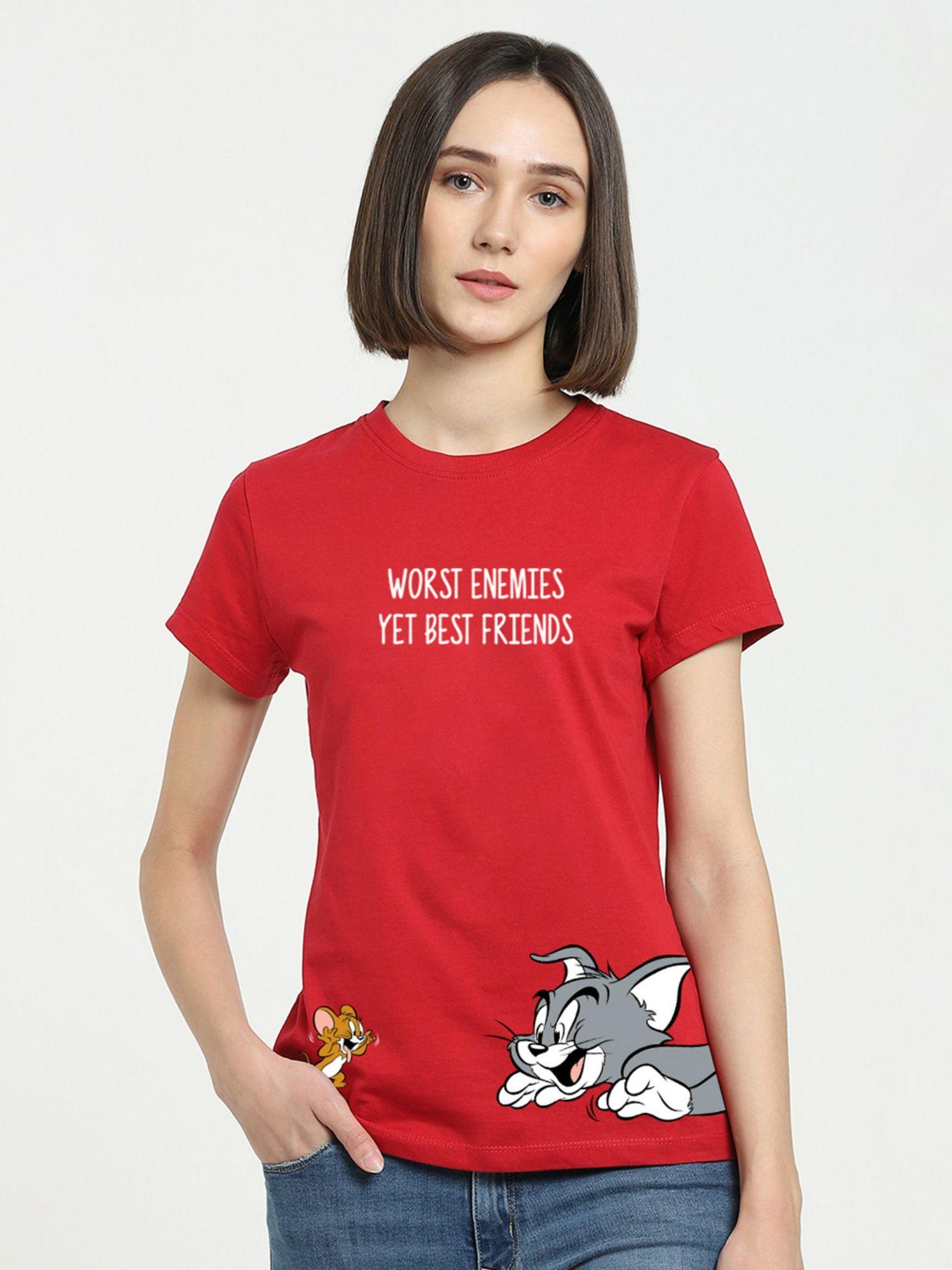 tom & jerry merchandise women red worst enemies graphic printed t-shirt