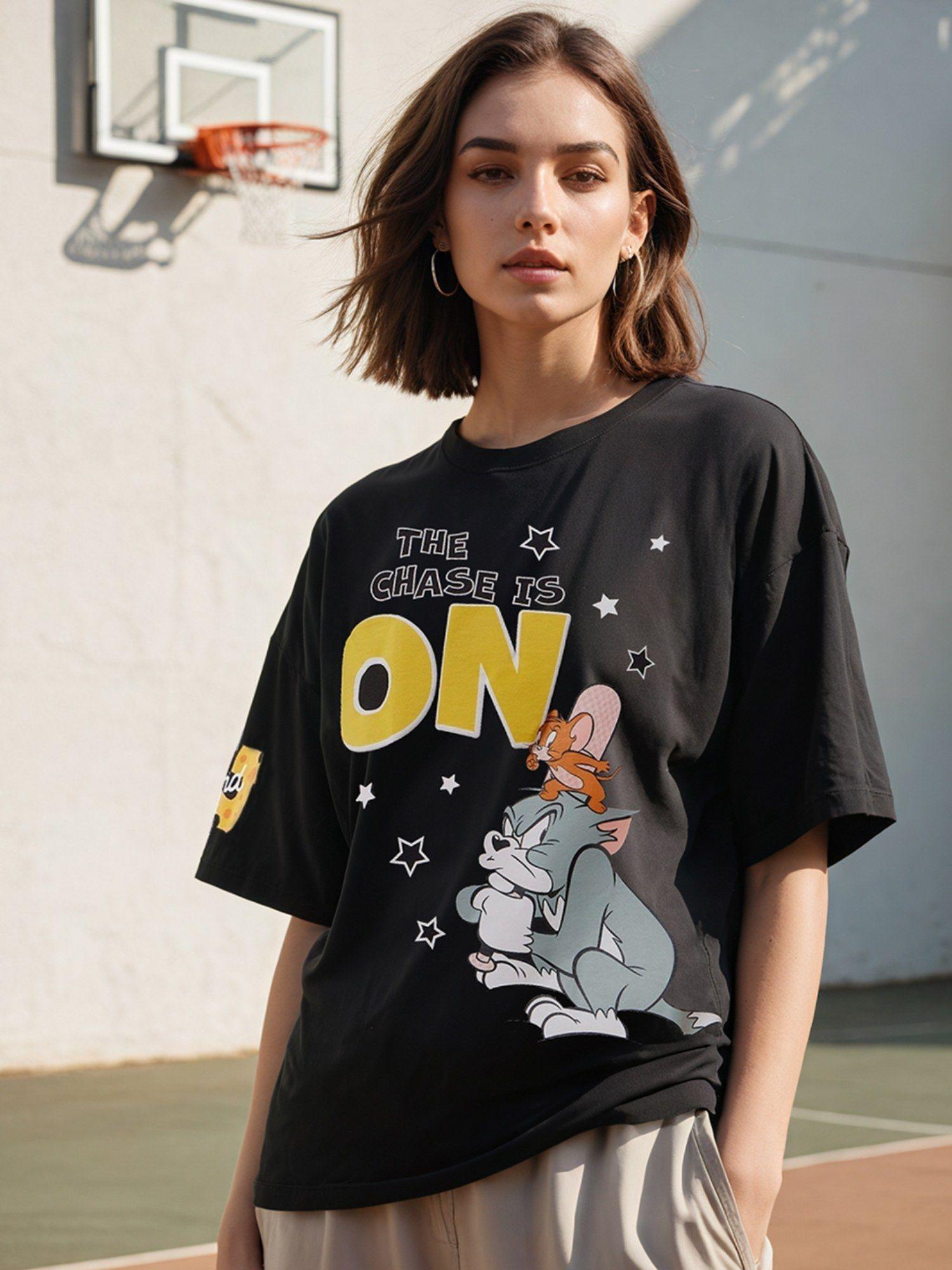 tom & jerry merchandise womens black tom & jerry graphic printed oversized t-shirt