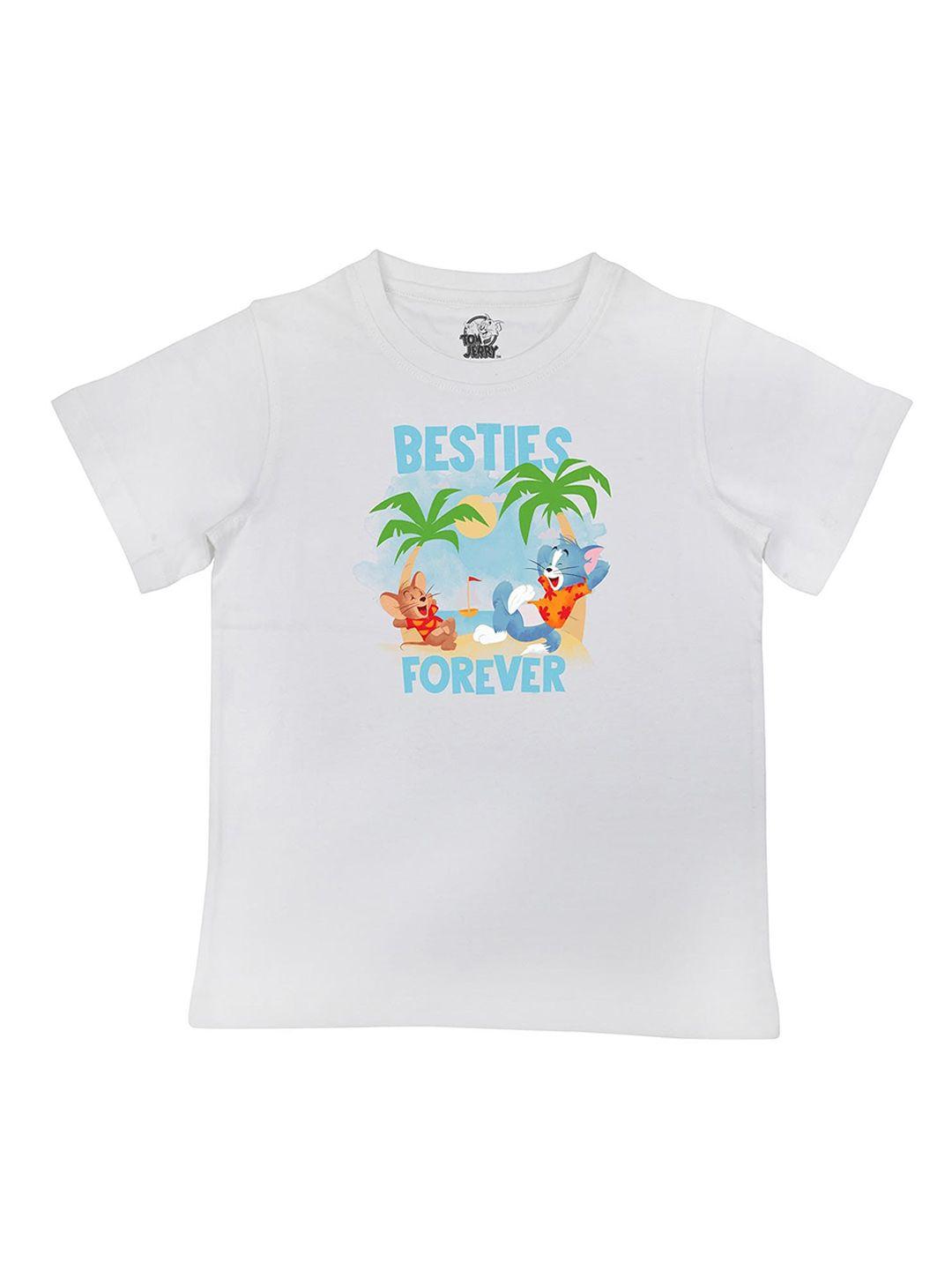 tom  jerry boys white  green printed round neck cotton pure cotton t-shirt